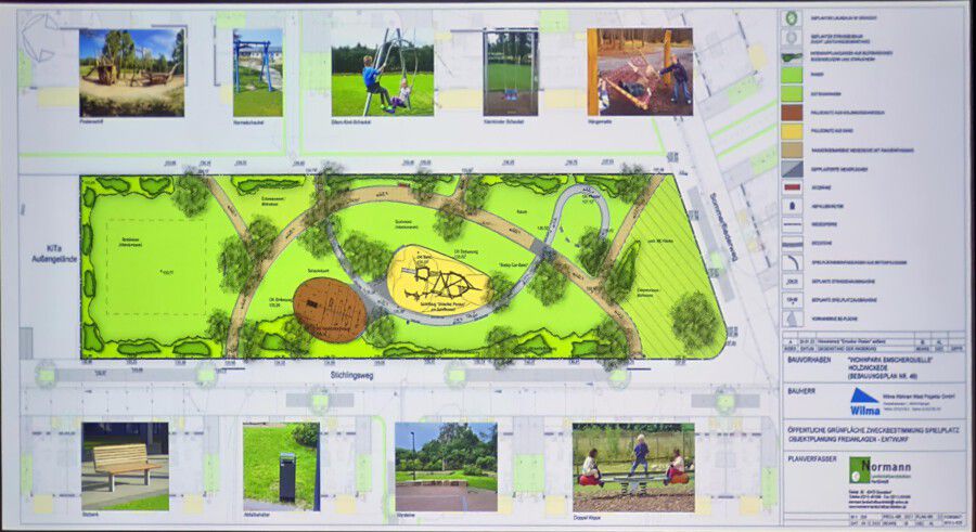 Screenshot des im Fachausschuss projizierten Planungsentwurf für den neuen Spielplatz im Wohnpark Emscherquelle. (Foto: P. Gräber - Emscherblog)