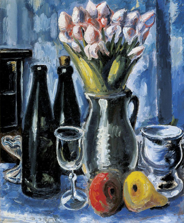 Paul Kleinschmidt, Stillleben mit Tulpen, Flasche und Glas, 1948, Öl auf Leinwand. Foto: Thomas Kersten