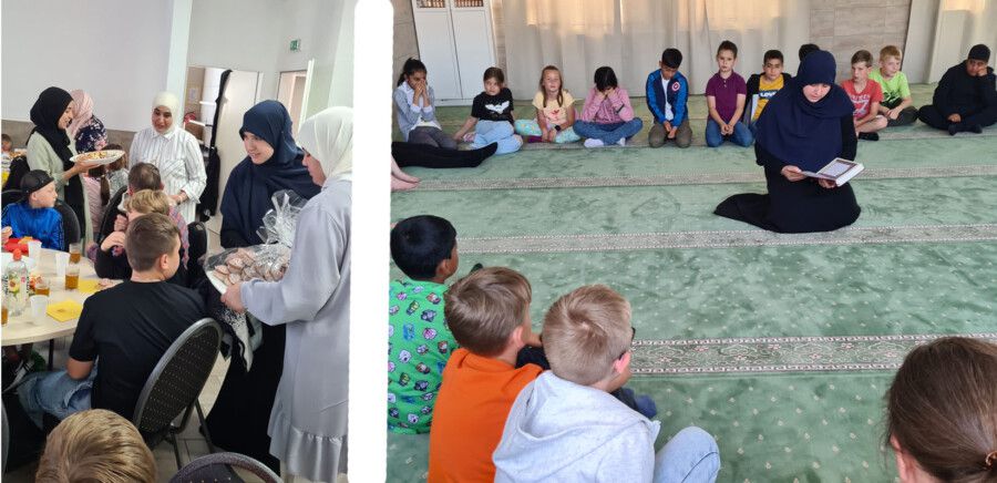 Nordschüler der 3. und 4. Klassen besuchten heute Morgen im Rahmen des kooperativen Religionsunterrichts die Moschee in der Goethestraße. Nach einer Führung gab es zum Abschied ein marokkanisches Büffet (li.). (Fotos: privat)