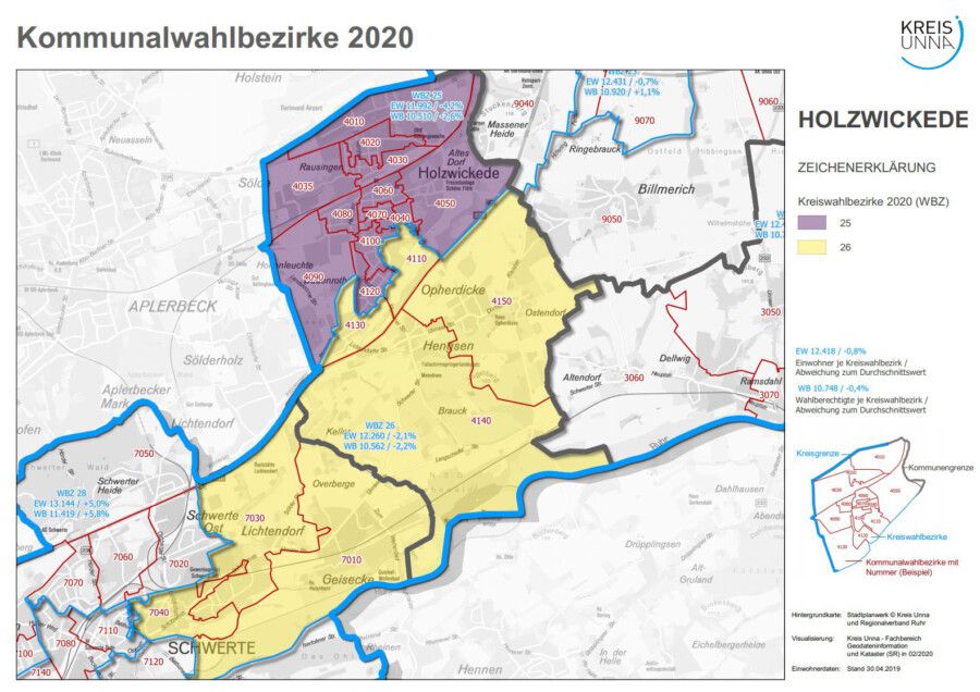 Diese Übersicht zeigt die Wahlbezirke in der Gemeinde Holzwickede. (Quelle: Kreis Unna)
