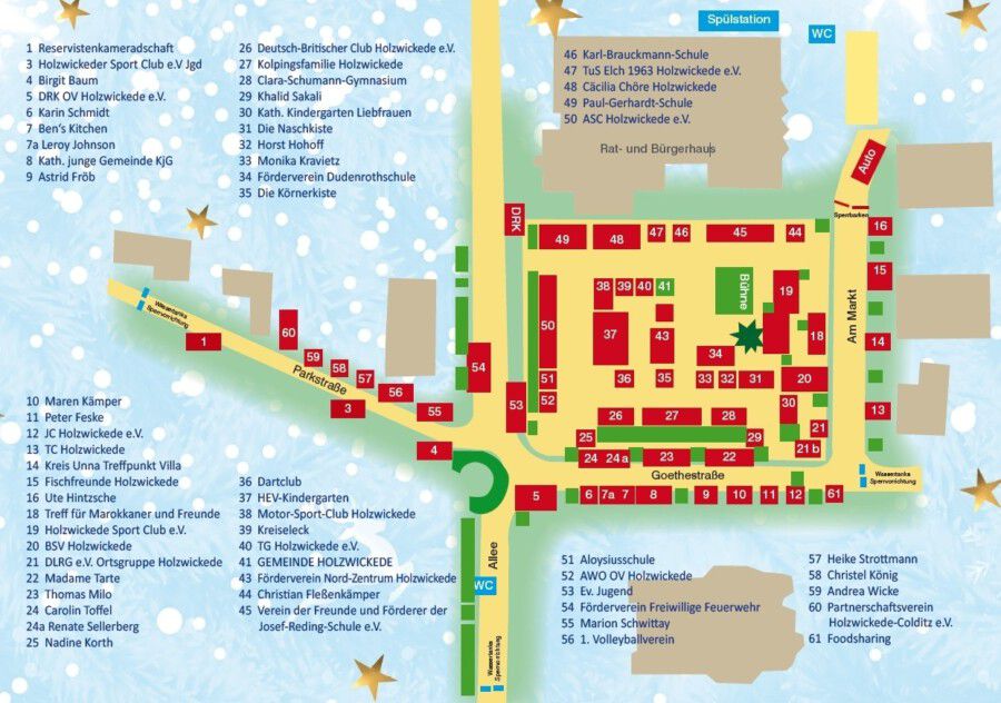 Aus diesem Plan zum Weihnachtsmarkt sind nicht nur die Standorte der Teilnehmer ersichtlich, sondern auch die Straßensperrungen (blaue Markierungen) im Umfeld der Veranstaltung. (Quelle: Gemeinde Holzwickede)
