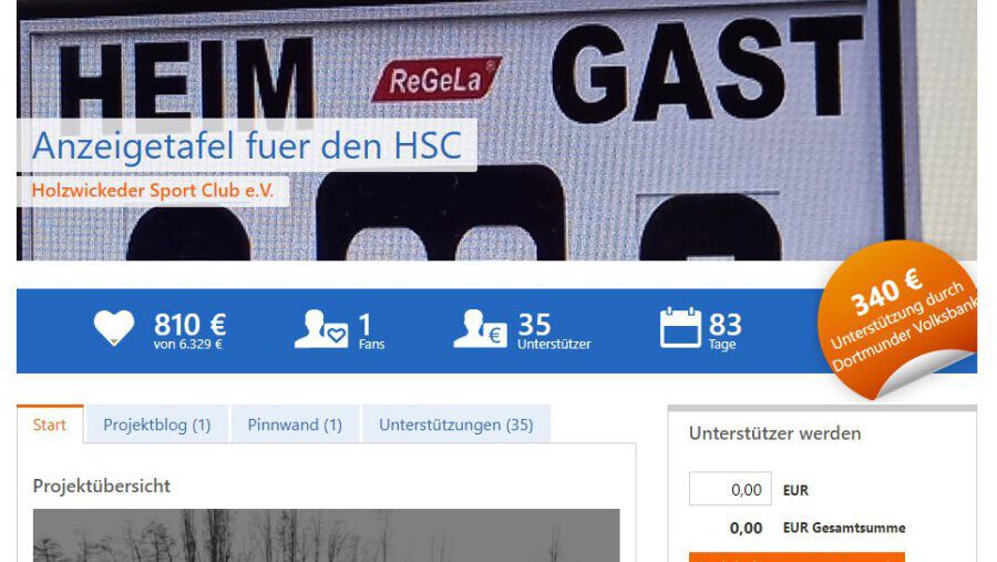 Auf dieser Internetseite (Screenshot) läuft die Crowdfunding-Kampagne des HSC: Sympathisanten und Unterstützer können dort für eine Anzeigetafel spenden. (Screenshot: dovoba.viele-schaffen-mehr.de)