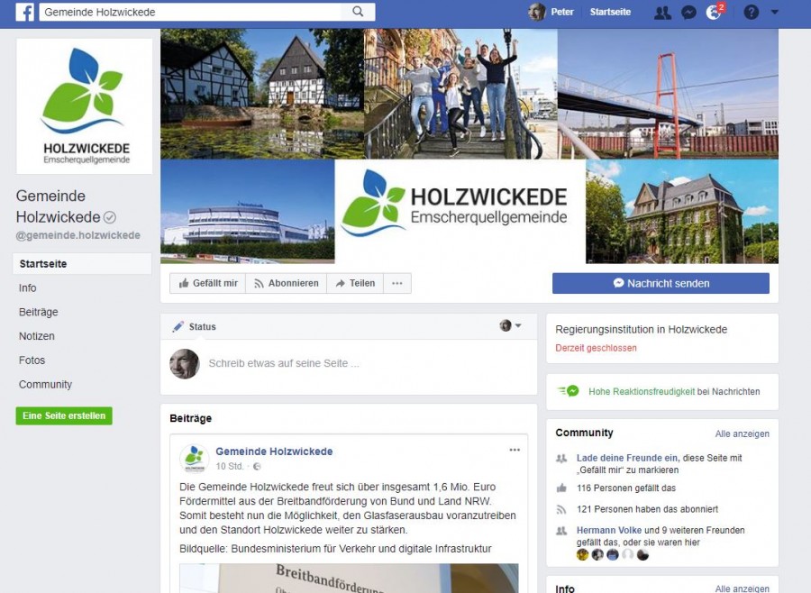 Die Gemeinde Holzwickede ist jetzt auch bei Facebook mit einer eigenen Seite (Screenshot) präsent. (Foto: Screenshot - 