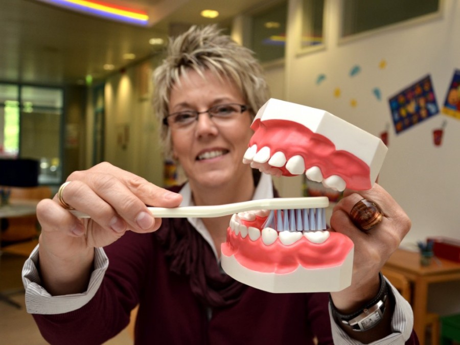 Prophylaxe-Fachkraft Heike Reimann vom Zahnärztlichen Dienst des Kreises zeigt am Modell, wie Kinderzähne richtig geputzt werden. (Foto: B. Kalle – Kreis Unna)