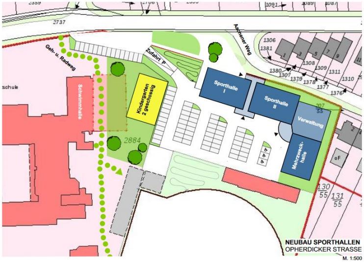 So könnte nach der Vision von HSC und TGH das neue Sportforum auf dem Parkplatz angesiedelt werden. (Skizze aus der Präsentation des HSC)