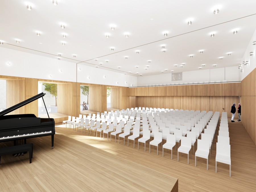 So wird der in schlichtem Weiß und helles Holz gehaltene künftige Bürgersaal aussehen. (Foto:  RENDERBAR für Bez+Kock Architekten)