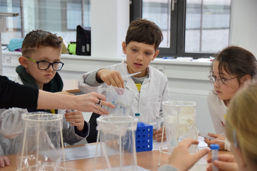 Bei ihrem Besuch in der Hochschule Hamm-Lippstadt konnten die Kinder der Kinder-Uni mit ihrer eigenen DNA experimentieren. (Foto: Max Rolcke - Kreis Unna)