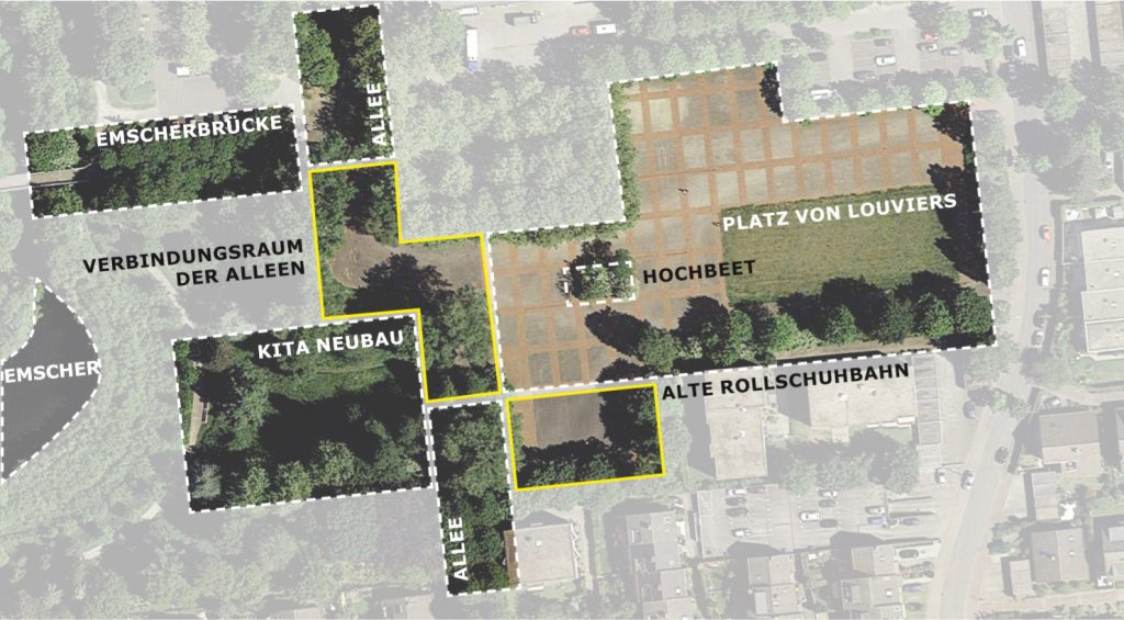 Das Luftbild zeigt die Teilräume am Festplatz. Umgestaltet und ökologisch aufgewertet werden sollen die gelb umrandeten Bereiche. ( Bild: Urbanegestalt)