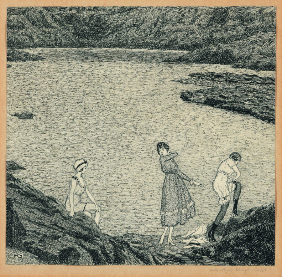 Lichter, schwereloser  Kupferstich: "Drei Frauen am Ufer" von 1919 (Bild: Thomas Kersten, Sammlung Murken, Museum Haus Opherdicke)