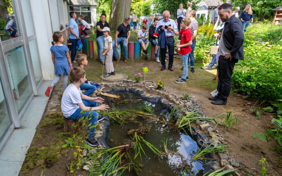 Die Drittklässler haben ein Feuchtbiotop im Schulgarten angelegt und auch Wasser- und Uferpflanzen eingebracht.  (Foto: P. Gräber - Emscherblog)