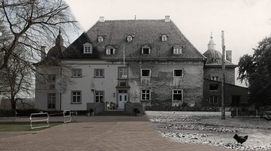 Die Bild zeigt Haus Opherdicke nach dem 2. Weltkrieg (re.) und in renoviertem Zustand durch den Kreis Unna (li.) (Fotomontage: Emscherblog)