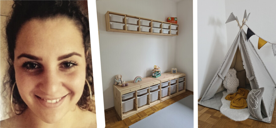 Die Holzwickederin Jasmina Pinto (li.) betreut als Tagesmutter fünf Kinder (U3) in eigens eingerichteten Räumlichkeiten (re.) in der Josefstraße 60. (Bilder: privat / Montage: Emscherblog)   
