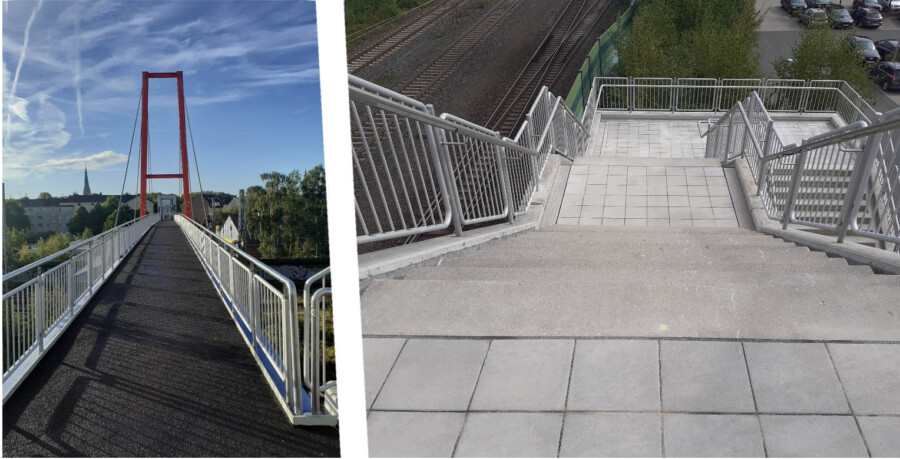 Die beiden Bilder zeigen die neuen Bodenbeläge auf der Carolinebrücke (li.) und den Treppenpodesten (re.) nach der Sanierung. (Fotos: Gemeidne Holzwickede) 